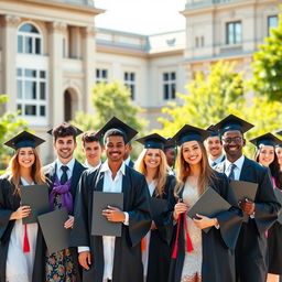 A group of diverse graduates wearing formal attire for a graduation photo