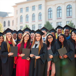 A group of diverse graduates wearing formal attire for a graduation photo