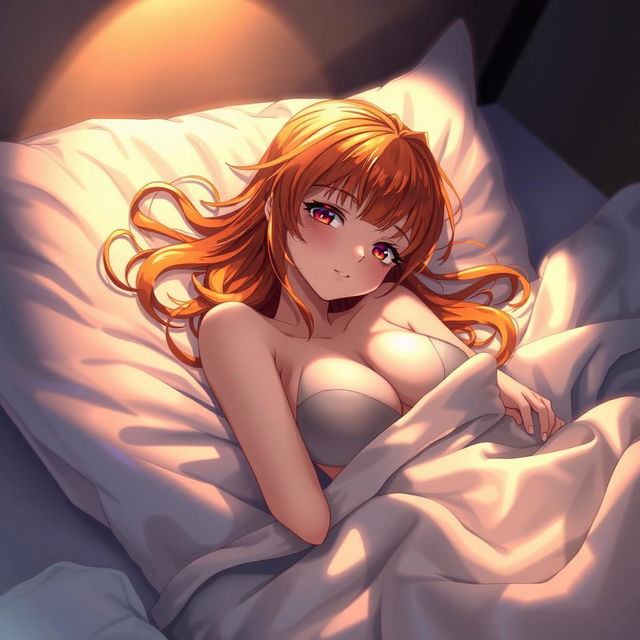 A beautiful anime character inspired by Nami, depicted in a suggestive yet artistic style, lying in bed in a tasteful pose