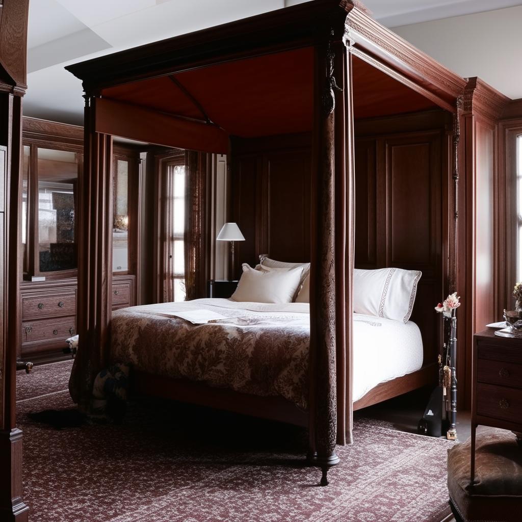 An English styled bedroom for men, with dark oak furniture, a four-poster bed, traditional decor, and a mood of quiet elegance.