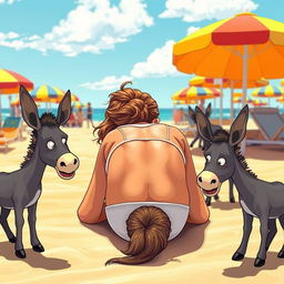 A humorous and surreal scene featuring a cartoonish depiction of a woman resembling a famous tennis player, face down on a vibrant beach with her backside up