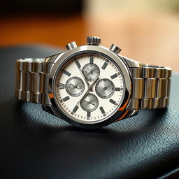 A stunning luxury watch with a sleek silver stainless steel band, featuring a detailed chronograph face with silver-toned dials, elegant Roman numerals, and a sapphire crystal that captures the light beautifully