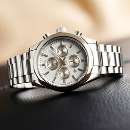 A stunning luxury watch with a sleek silver stainless steel band, featuring a detailed chronograph face with silver-toned dials, elegant Roman numerals, and a sapphire crystal that captures the light beautifully