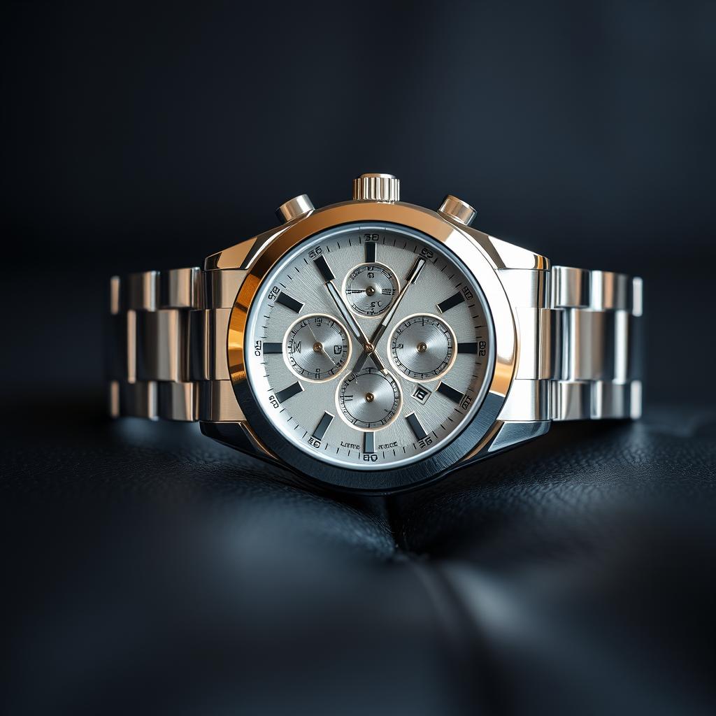 A stunning luxury watch with a sleek silver stainless steel band, featuring a detailed chronograph face with silver-toned dials, elegant Roman numerals, and a sapphire crystal that captures the light beautifully