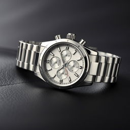 A stunning luxury watch with a sleek silver stainless steel band, featuring a detailed chronograph face with silver-toned dials, elegant Roman numerals, and a sapphire crystal that captures the light beautifully