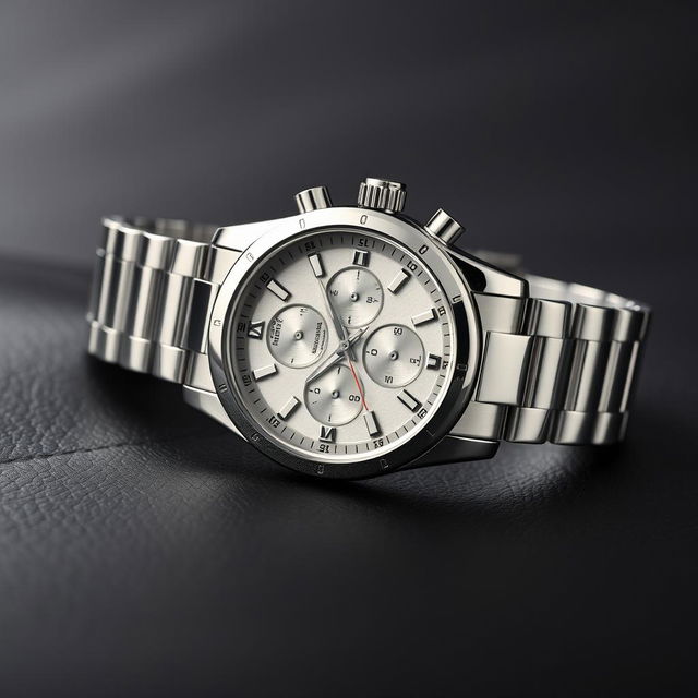 A stunning luxury watch with a sleek silver stainless steel band, featuring a detailed chronograph face with silver-toned dials, elegant Roman numerals, and a sapphire crystal that captures the light beautifully