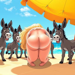 A whimsical and imaginative beach scene featuring a cartoon-style blonde woman face down with her bubble buttocks up