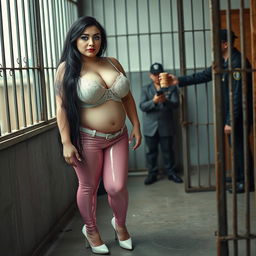 A full-length photograph of a sexy, stunning, beautiful fat 18-year-old girl prostitute with pale skin and long black hair