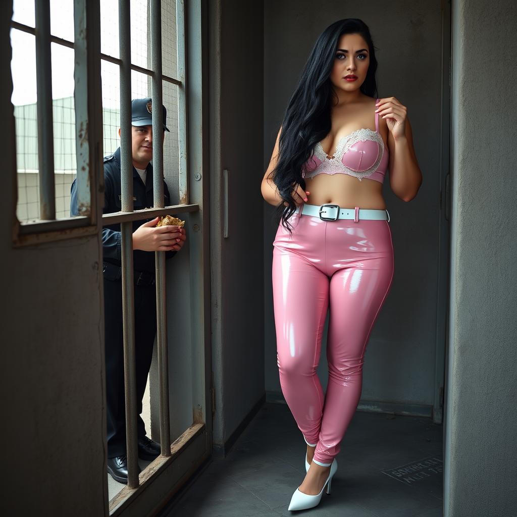 A full-length photograph of a sexy, stunning, beautiful fat 18-year-old girl prostitute with pale skin and long black hair
