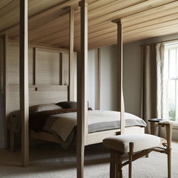 A modern English styled bedroom for men, featuring sleek oak furniture, a minimalist four-poster bed, contemporary decor, and a refined, sophisticated color palette.