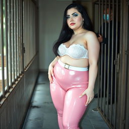 A full-length photograph of a sexy, stunning, beautiful fat 18-year-old girl prostitute with pale skin and long black hair