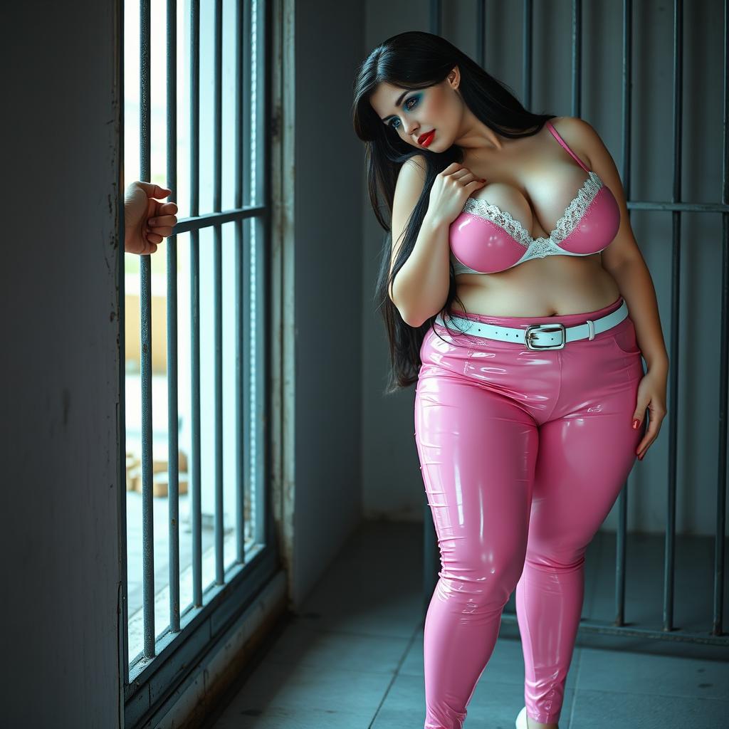 A full-length photograph of a sexy, stunning, beautiful fat 18-year-old girl prostitute with pale skin and long black hair