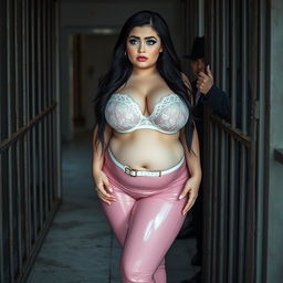 A full-length photograph of a sexy, stunning, beautiful fat 18-year-old girl prostitute with pale skin and long black hair