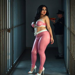 A full-length photograph of a sexy, stunning, beautiful fat 18-year-old girl prostitute with pale skin and long black hair