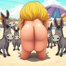 A surreal and humorous beach scene featuring a cartoon-style blonde woman face down with her bubble buttocks up in a playful setting