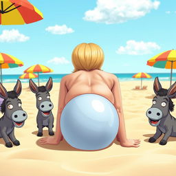 A surreal and humorous beach scene featuring a cartoon-style blonde woman face down with her bubble buttocks up in a playful setting