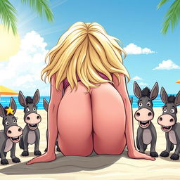 A whimsical beach scene depicting a cartoon-style blonde woman face down with her bubble buttocks up, set against a sunny beach backdrop