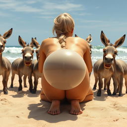 A hyper-realistic beach scene featuring a blonde woman face down with her bubble buttocks up, set on a bright sunny beach with fine sand and gentle waves