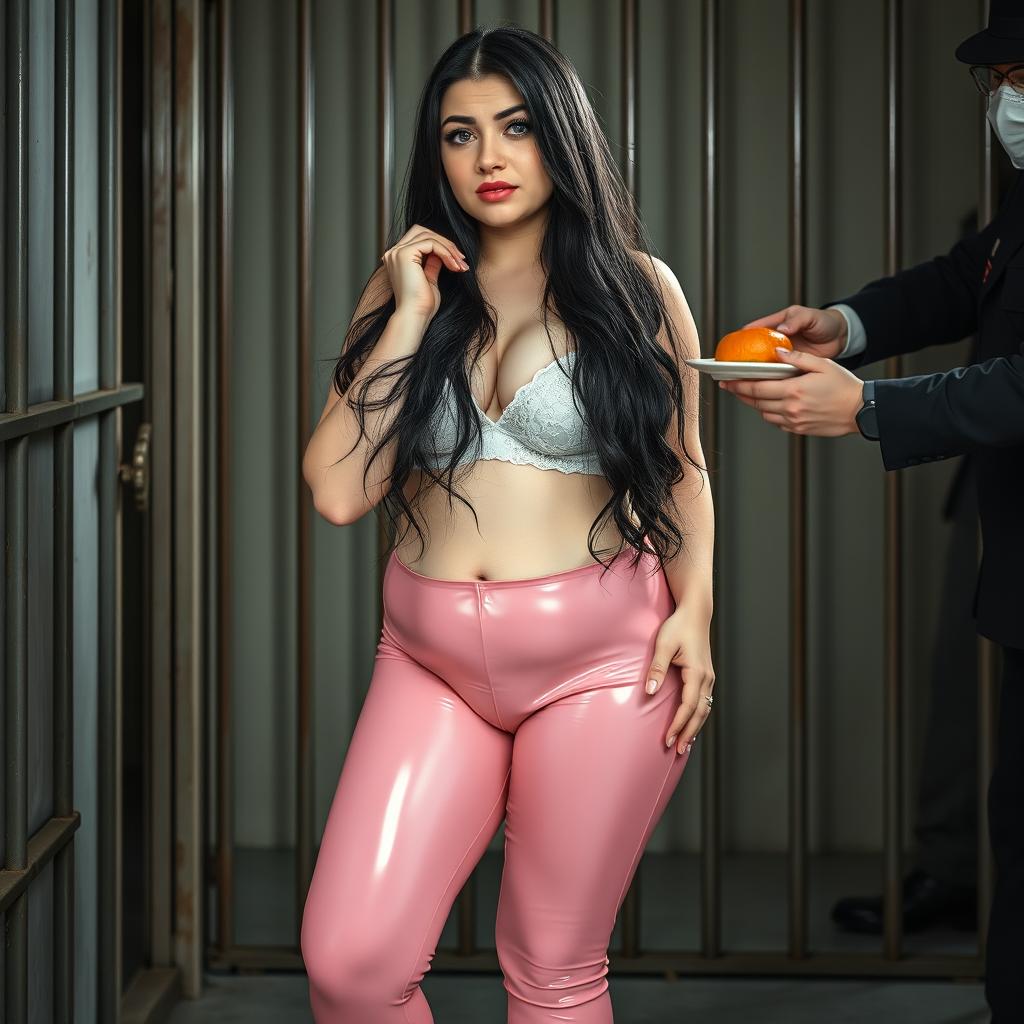 A full-length photograph of a sexy, stunning, beautiful fat 18-year-old girl prostitute with pale skin and long black hair