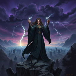 A powerful and vengeful witch standing on a rocky cliff overlooking a vast battlefield, clad in dark flowing robes adorned with mystical symbols