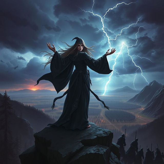 A powerful and vengeful witch standing on a rocky cliff overlooking a vast battlefield, clad in dark flowing robes adorned with mystical symbols