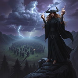 A powerful and vengeful witch standing on a rocky cliff overlooking a vast battlefield, clad in dark flowing robes adorned with mystical symbols