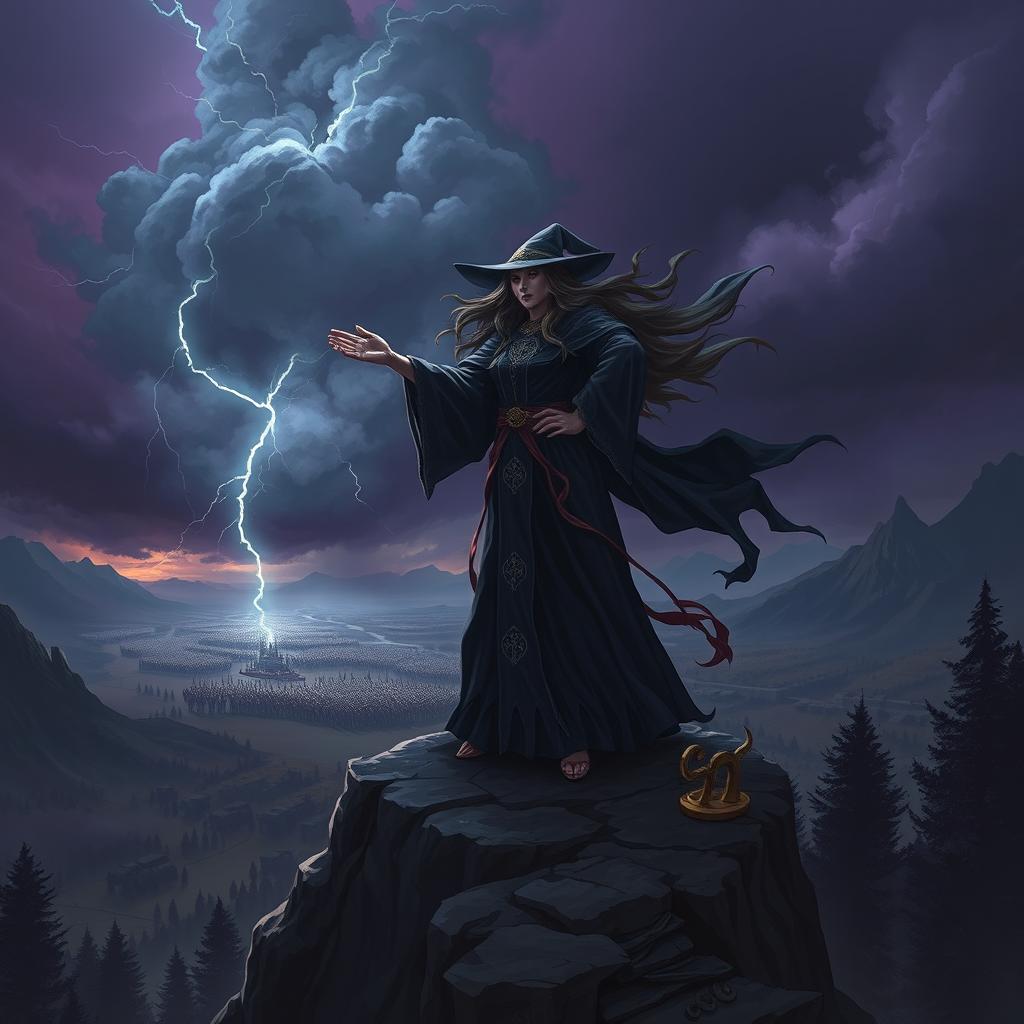A powerful and vengeful witch standing on a rocky cliff overlooking a vast battlefield, clad in dark flowing robes adorned with mystical symbols