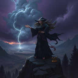 A powerful and vengeful witch standing on a rocky cliff overlooking a vast battlefield, clad in dark flowing robes adorned with mystical symbols