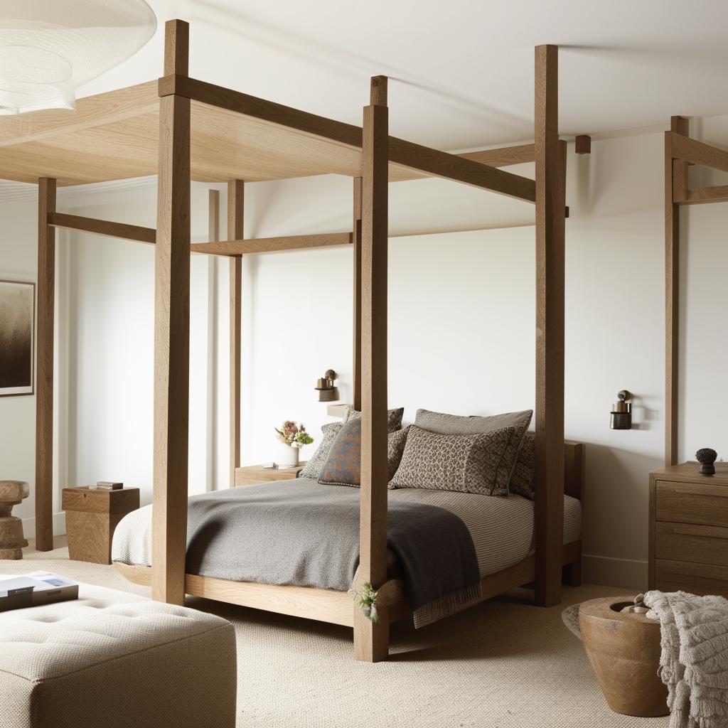 A modern English styled bedroom for men, featuring sleek oak furniture, a minimalist four-poster bed, contemporary decor, and a refined, sophisticated color palette.