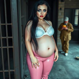 A full-length photograph of a sexy, stunning, beautiful fat thin-faced 18-year-old girl prostitute with pale skin and long black hair
