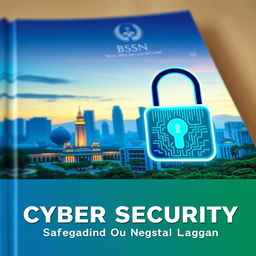 A book cover about cyber security featuring a small illustration of Jakarta in the background, showcasing a recognizable landmark such as the National Monument (Monas) with its silhouette against a twilight sky
