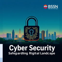 A book cover about cyber security featuring a small illustration of Jakarta in the background, showcasing a recognizable landmark such as the National Monument (Monas) with its silhouette against a twilight sky
