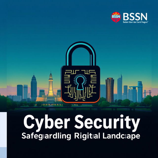 A book cover about cyber security featuring a small illustration of Jakarta in the background, showcasing a recognizable landmark such as the National Monument (Monas) with its silhouette against a twilight sky