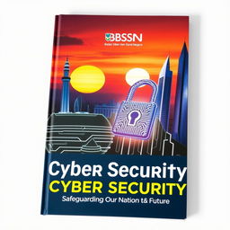 A captivating book cover about cyber security featuring a small illustration of the National Monument (Monas) of Jakarta, positioned subtly in one corner, capturing its iconic silhouette against a vibrant sunset