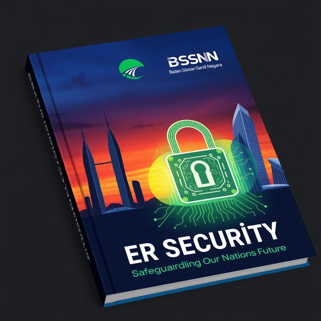 A captivating book cover about cyber security featuring a small illustration of the National Monument (Monas) of Jakarta, positioned subtly in one corner, capturing its iconic silhouette against a vibrant sunset