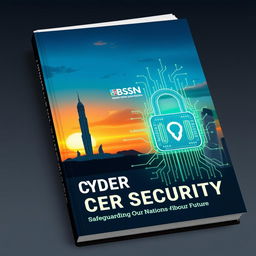 A captivating book cover about cyber security featuring a small illustration of the National Monument (Monas) of Jakarta, positioned subtly in one corner, capturing its iconic silhouette against a vibrant sunset