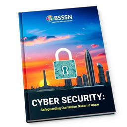 A captivating book cover about cyber security featuring a small illustration of the National Monument (Monas) of Jakarta, positioned subtly in one corner, capturing its iconic silhouette against a vibrant sunset