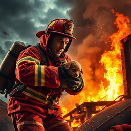 A heroic firefighter in action, wearing a vibrant red firefighting suit, complete with helmet and protective gear