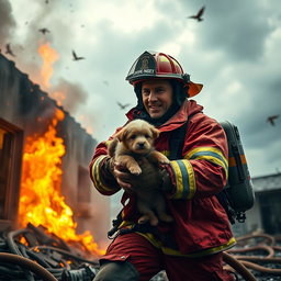 A heroic firefighter in action, wearing a vibrant red firefighting suit, complete with helmet and protective gear
