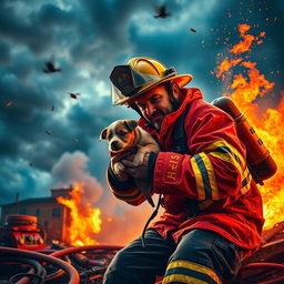 A heroic firefighter in action, wearing a vibrant red firefighting suit, complete with helmet and protective gear