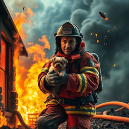 A heroic firefighter in action, wearing a vibrant red firefighting suit, complete with helmet and protective gear