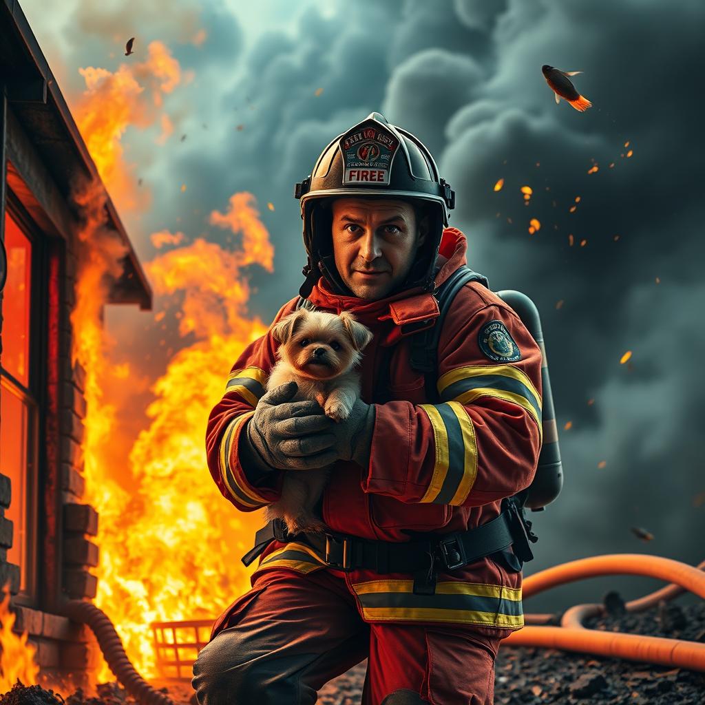 A heroic firefighter in action, wearing a vibrant red firefighting suit, complete with helmet and protective gear