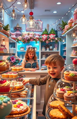 A magical bakery filled with enchanting pastries and sweets, featuring a young boy excitedly exploring the shop