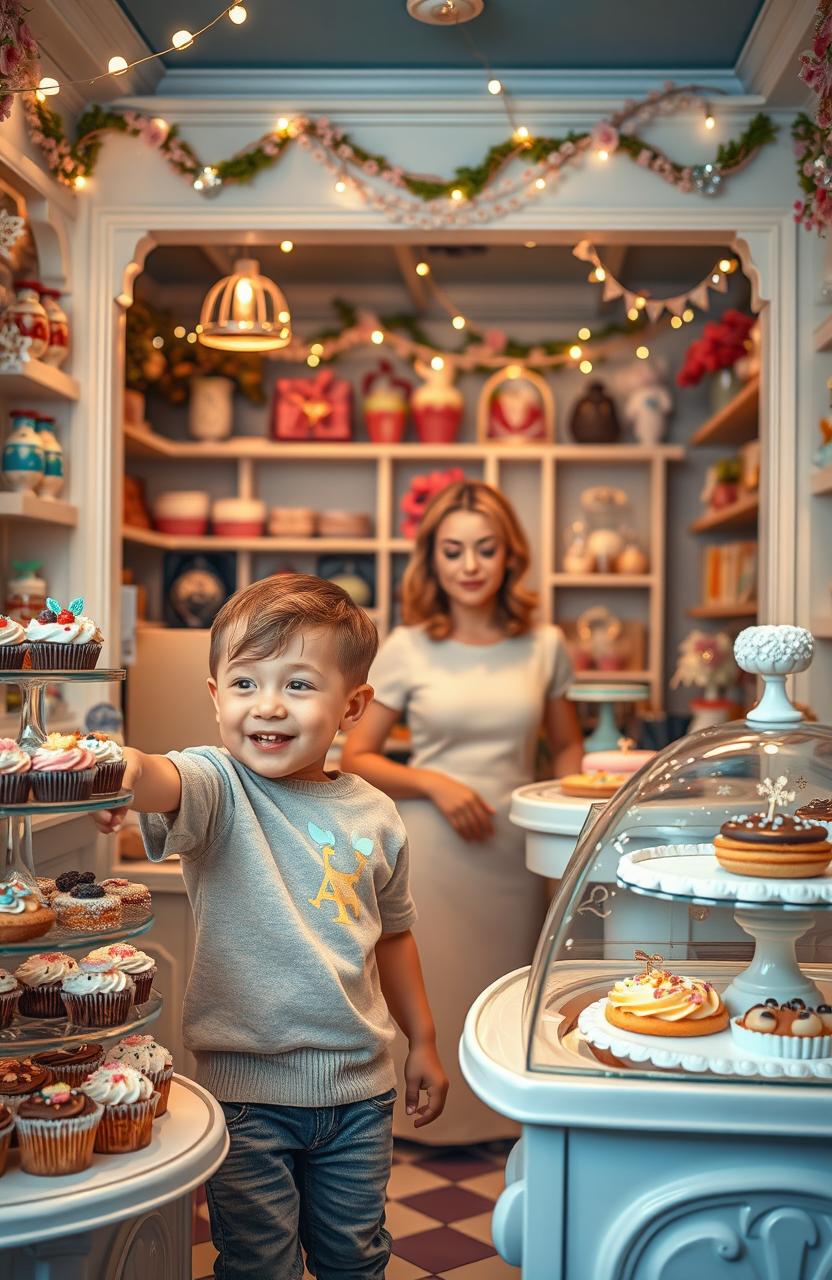 A magical bakery filled with enchanting pastries and sweets, featuring a young boy excitedly exploring the shop
