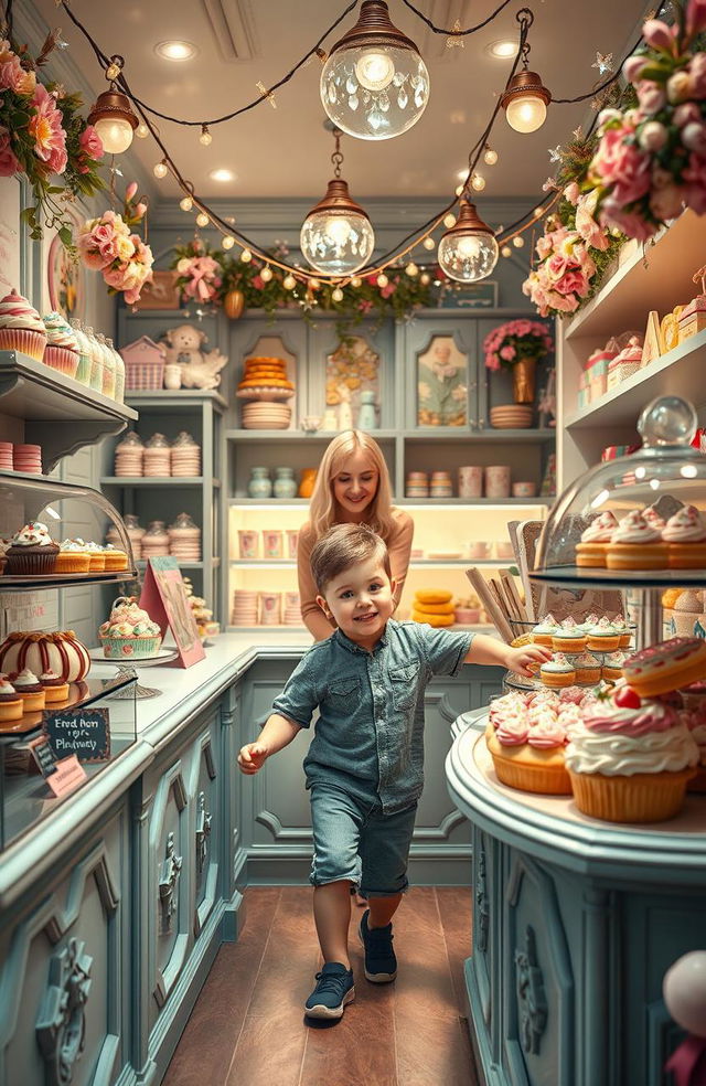 A magical bakery filled with enchanting pastries and sweets, featuring a young boy excitedly exploring the shop
