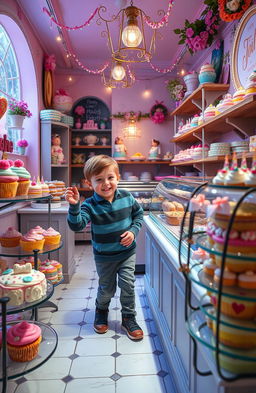 A magical bakery filled with enchanting pastries and sweets, featuring a young boy excitedly exploring the shop
