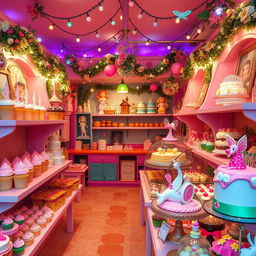 A magical bakery filled with an array of enchanting pastries and sweets