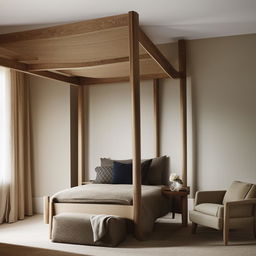 A modern English styled bedroom for men, featuring sleek oak furniture, a minimalist four-poster bed, contemporary decor, and a refined, sophisticated color palette.