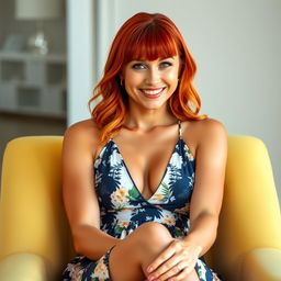 A sexy 33-year-old woman sitting gracefully on a chair with her legs crossed