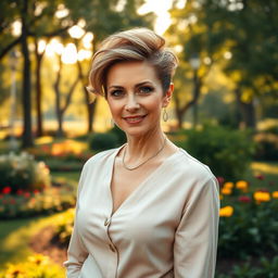 A sexy Russian woman aged 45-50 with a trendy and stylish hairstyle that highlights her beauty